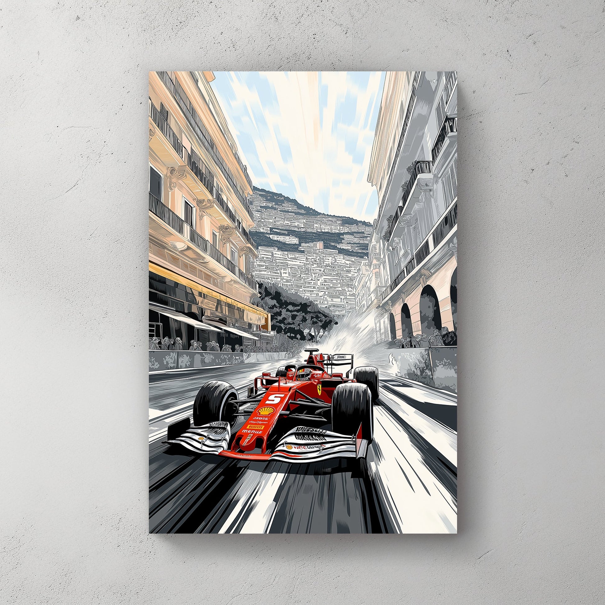 A dynamic digital illustration of a red Formula 1 car racing through the streets of Monaco, framed by grand architecture and a vibrant cityscape in a graphic novel-inspired style.