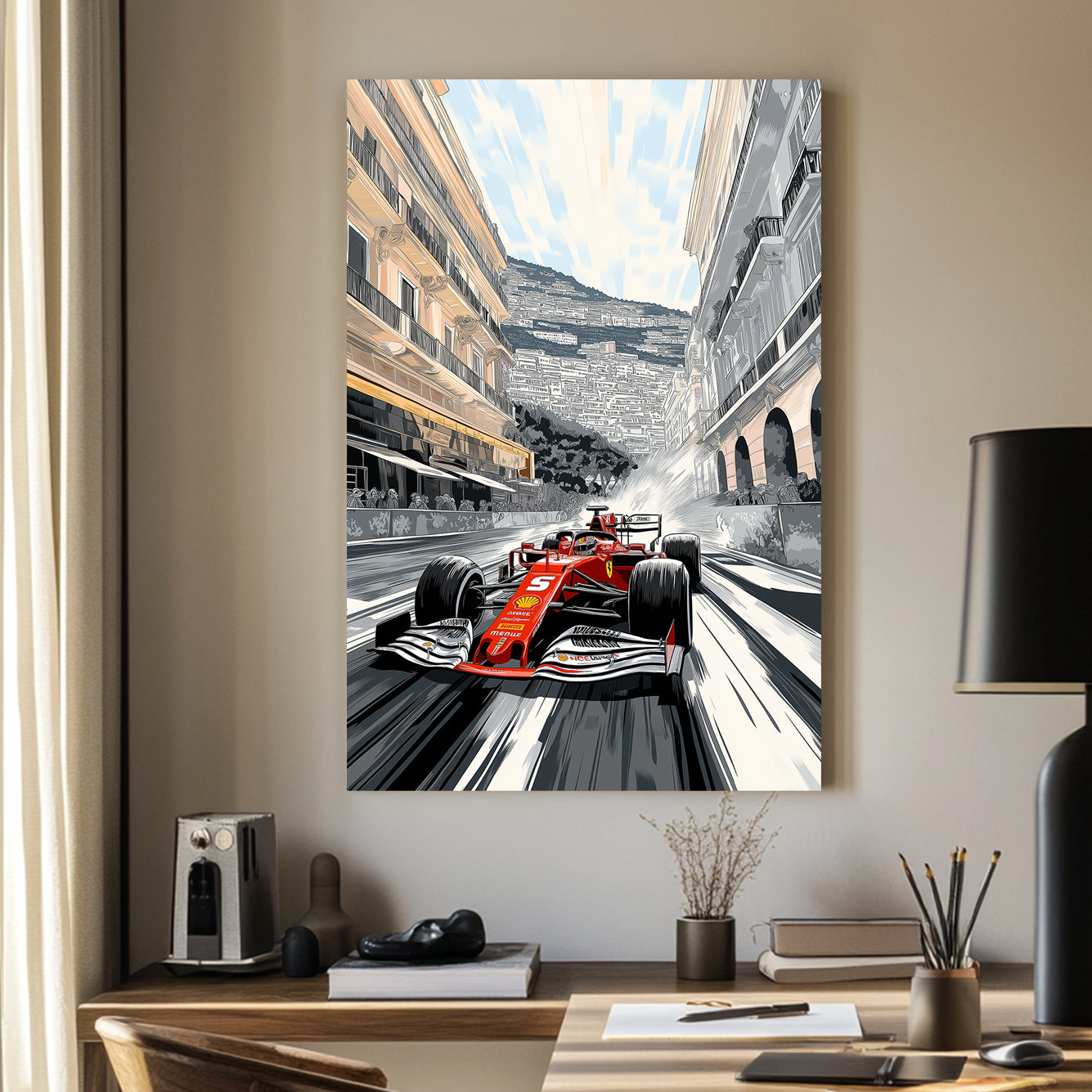 A dynamic digital illustration of a red Formula 1 car racing through the streets of Monaco, framed by grand architecture and a vibrant cityscape in a graphic novel-inspired style.