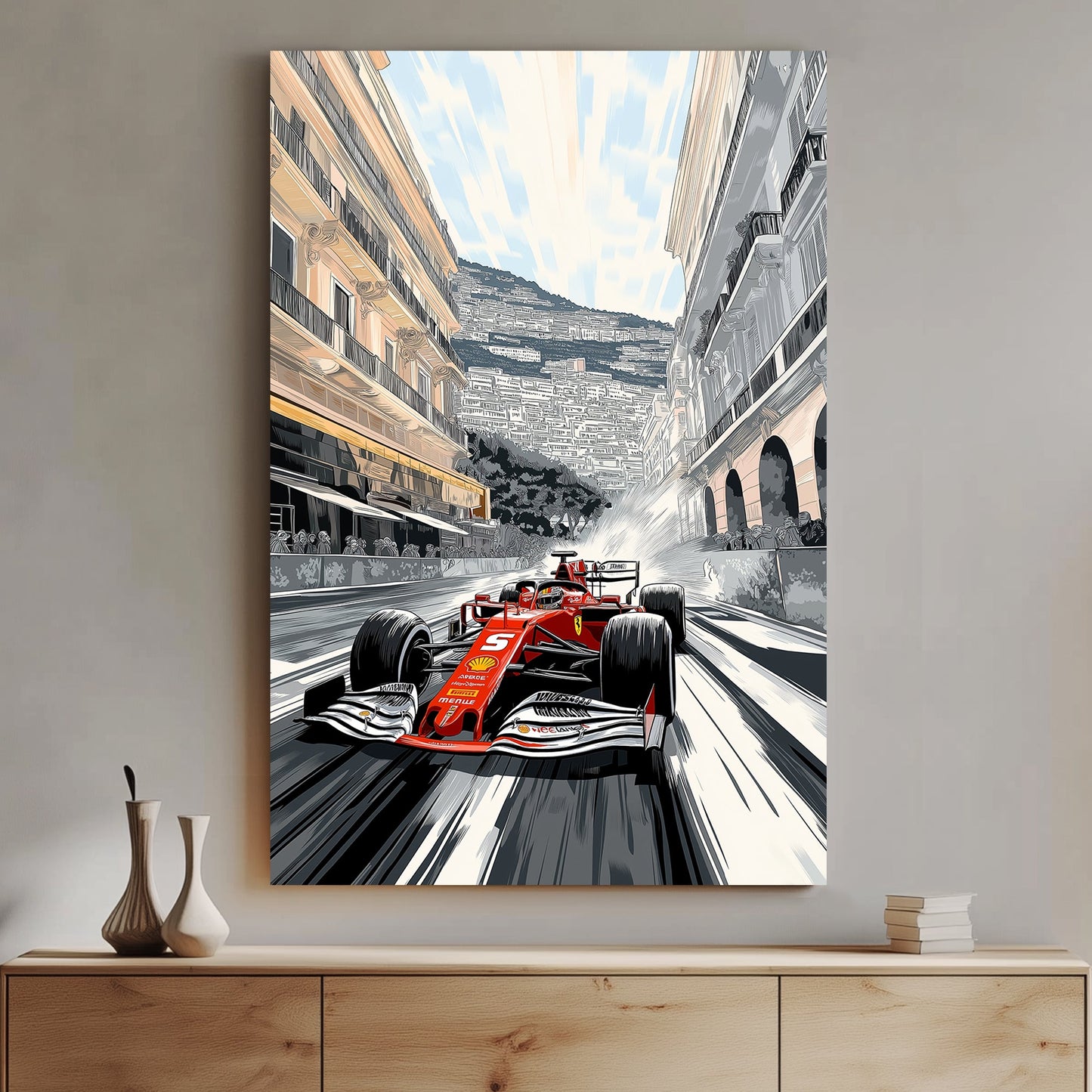 A dynamic digital illustration of a red Formula 1 car racing through the streets of Monaco, framed by grand architecture and a vibrant cityscape in a graphic novel-inspired style.