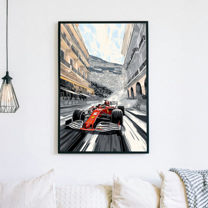 A dynamic digital illustration of a red Formula 1 car racing through the streets of Monaco, framed by grand architecture and a vibrant cityscape in a graphic novel-inspired style.