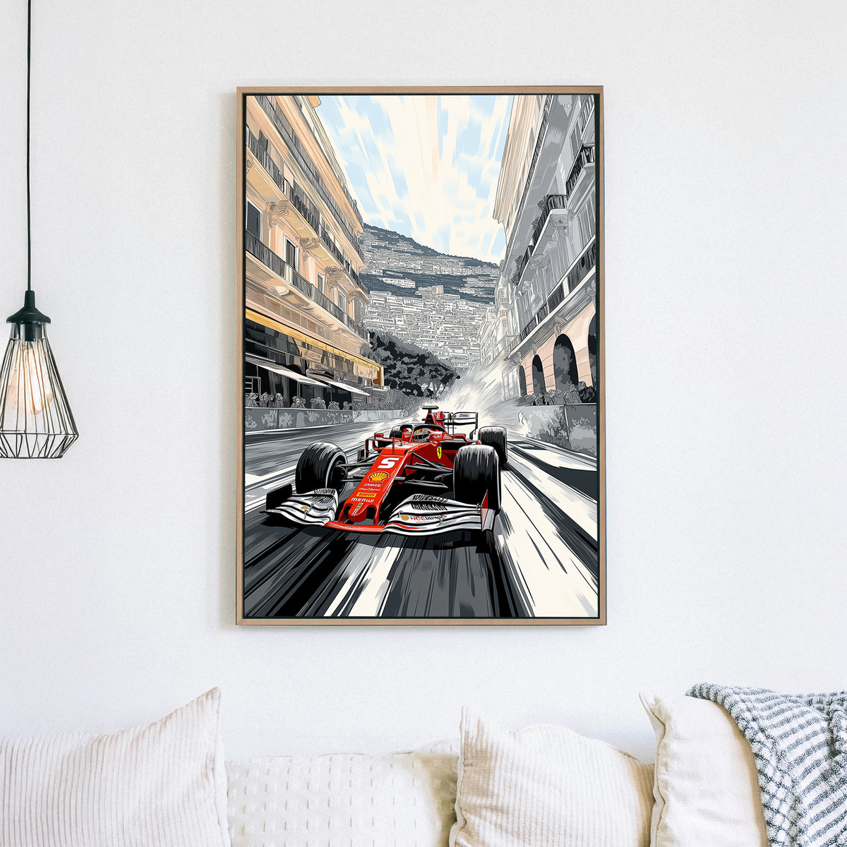 A dynamic digital illustration of a red Formula 1 car racing through the streets of Monaco, framed by grand architecture and a vibrant cityscape in a graphic novel-inspired style.