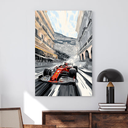 A dynamic digital illustration of a red Formula 1 car racing through the streets of Monaco, framed by grand architecture and a vibrant cityscape in a graphic novel-inspired style.