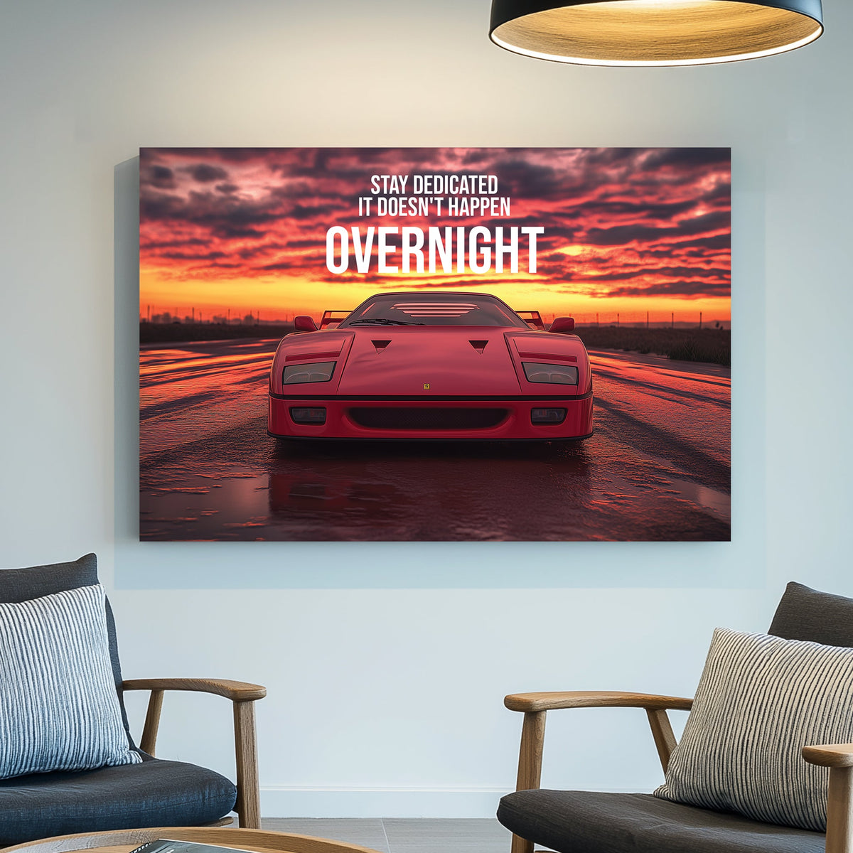 A bold digital wall art print of a red Ferrari F40 facing forward under a dramatic sunset, with motivational typography emphasizing dedication and perseverance.