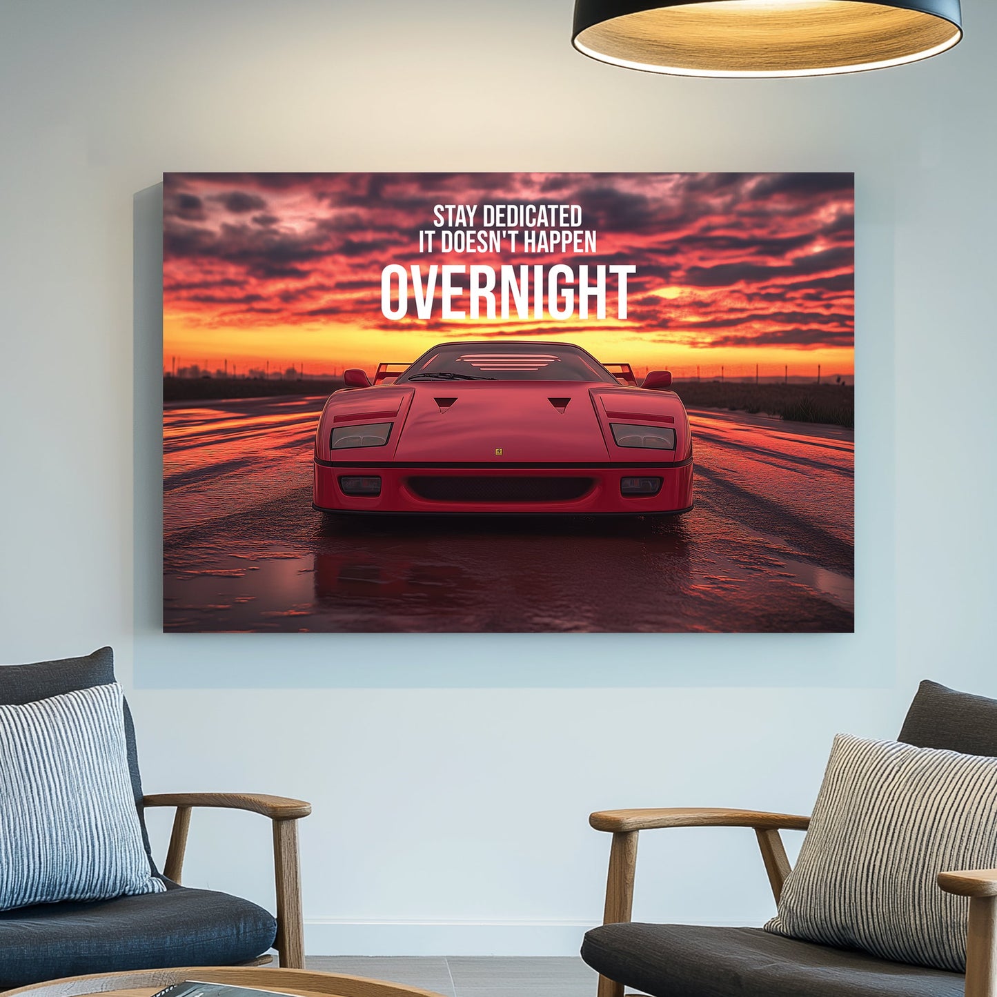 A bold digital wall art print of a red Ferrari F40 facing forward under a dramatic sunset, with motivational typography emphasizing dedication and perseverance.