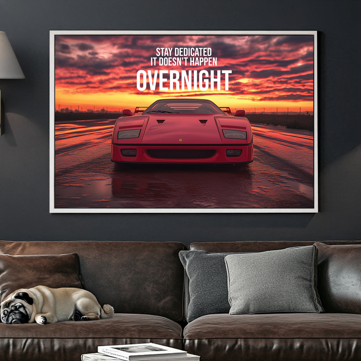 A bold digital wall art print of a red Ferrari F40 facing forward under a dramatic sunset, with motivational typography emphasizing dedication and perseverance.