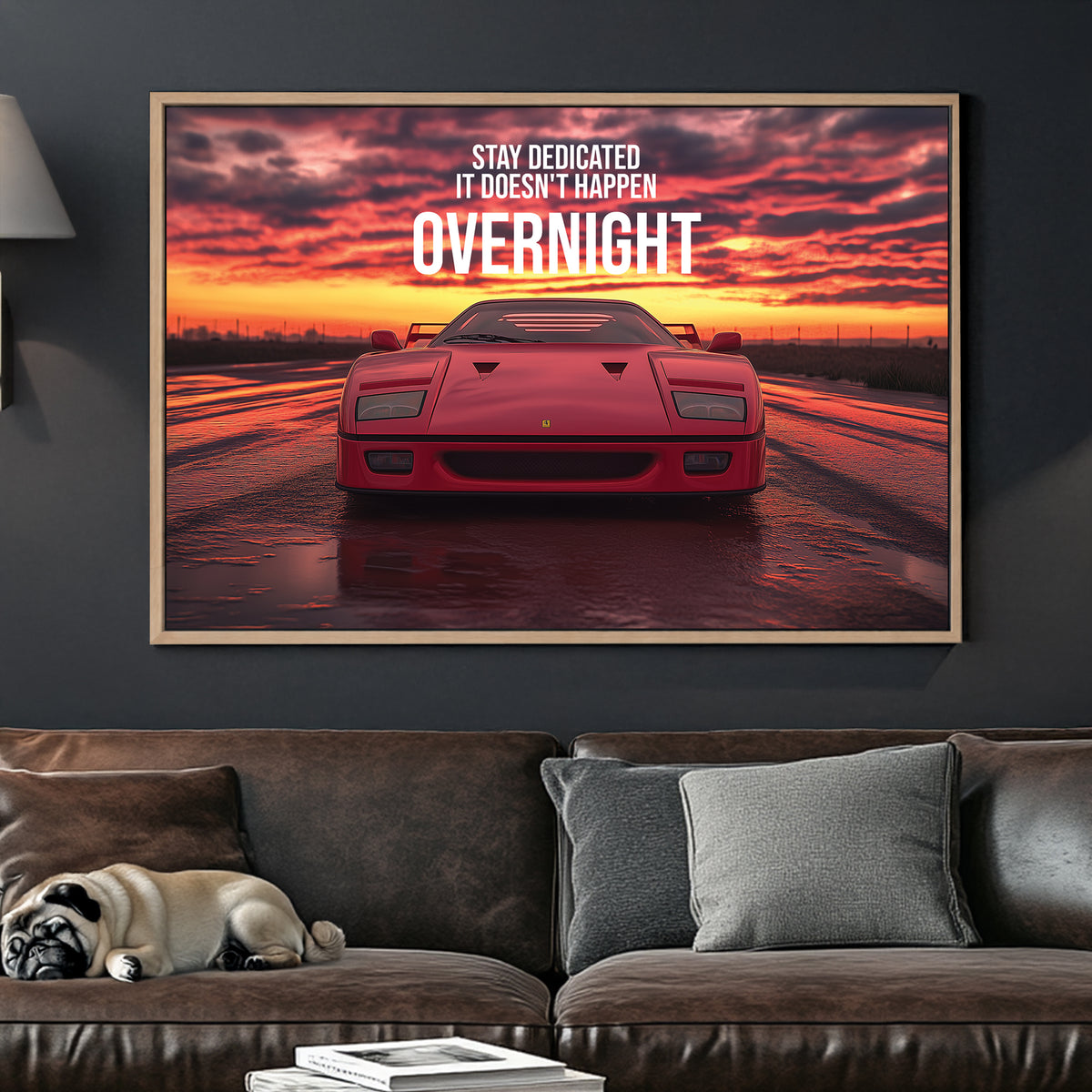 A bold digital wall art print of a red Ferrari F40 facing forward under a dramatic sunset, with motivational typography emphasizing dedication and perseverance.
