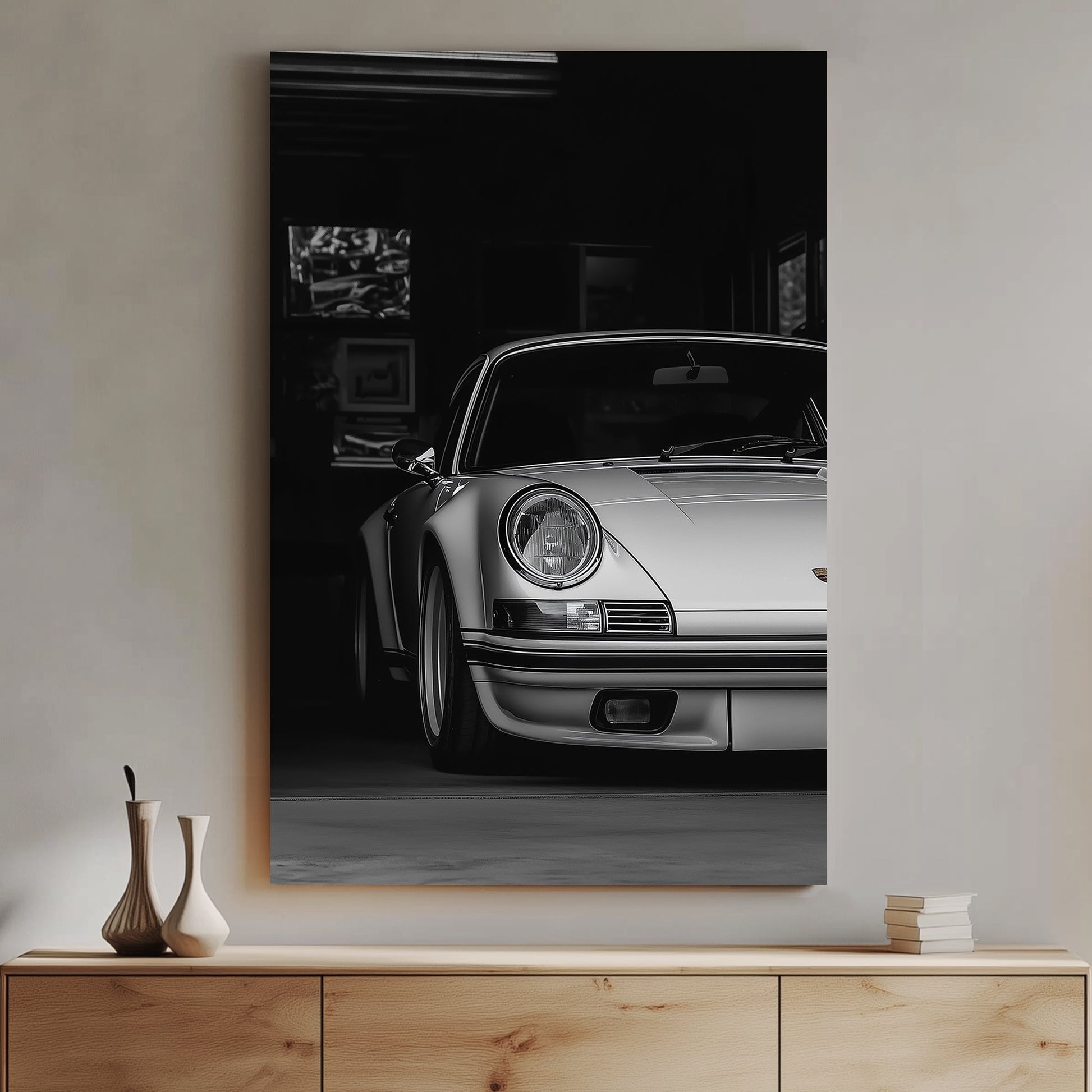 A black-and-white digital wall art print of a silver Porsche emerging from the shadows of a dimly lit garage, showcasing its refined curves and elegance.