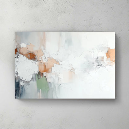 A serene abstract wall art print featuring soft ivory tones, warm beige, and muted green, with rich textures and expressive brushstrokes for a modern minimalist aesthetic.