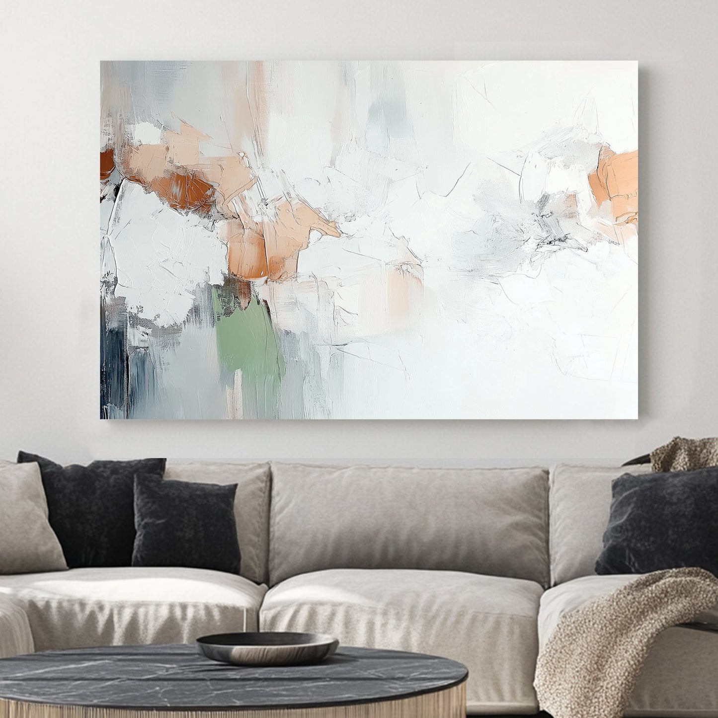 A serene abstract wall art print featuring soft ivory tones, warm beige, and muted green, with rich textures and expressive brushstrokes for a modern minimalist aesthetic.