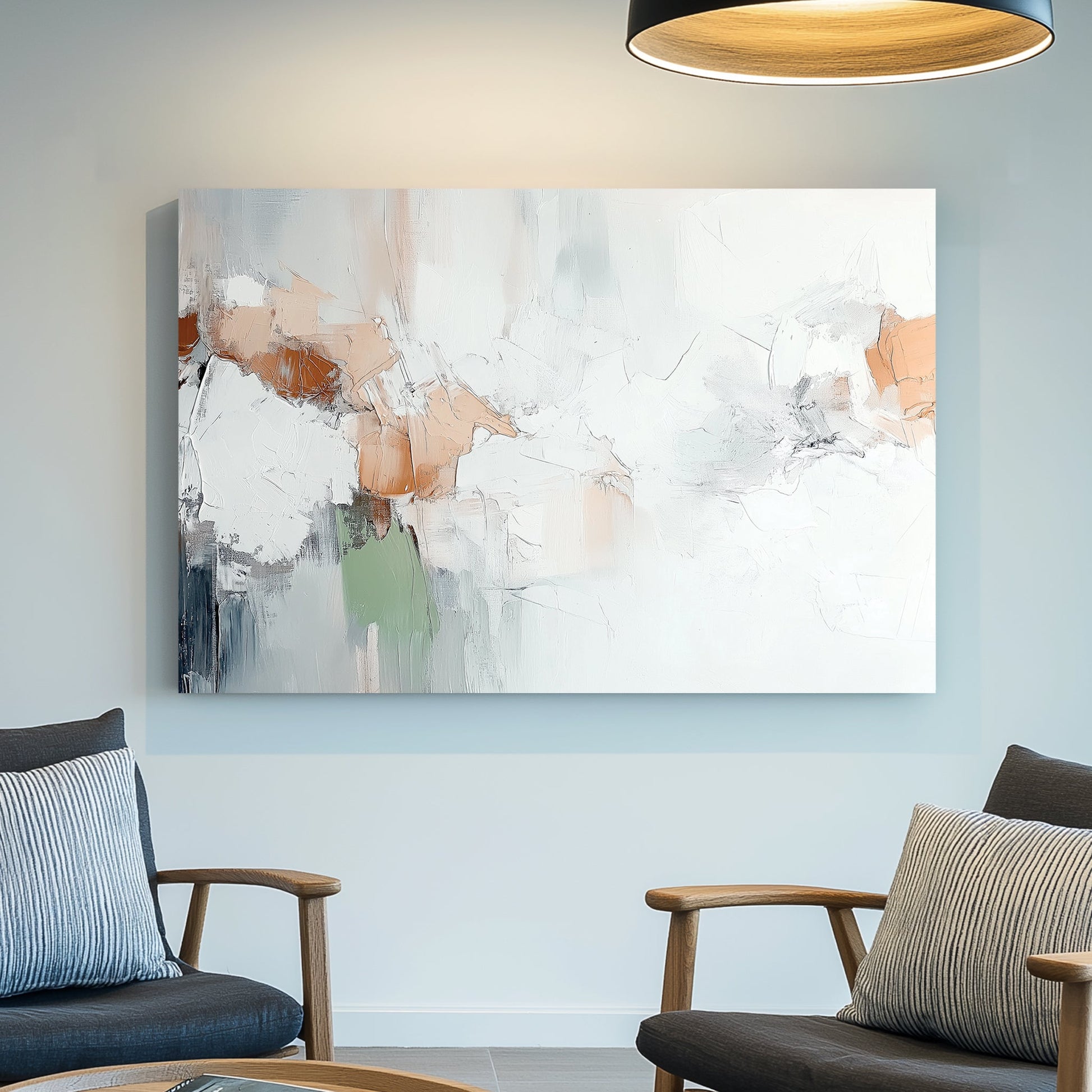 A serene abstract wall art print featuring soft ivory tones, warm beige, and muted green, with rich textures and expressive brushstrokes for a modern minimalist aesthetic.