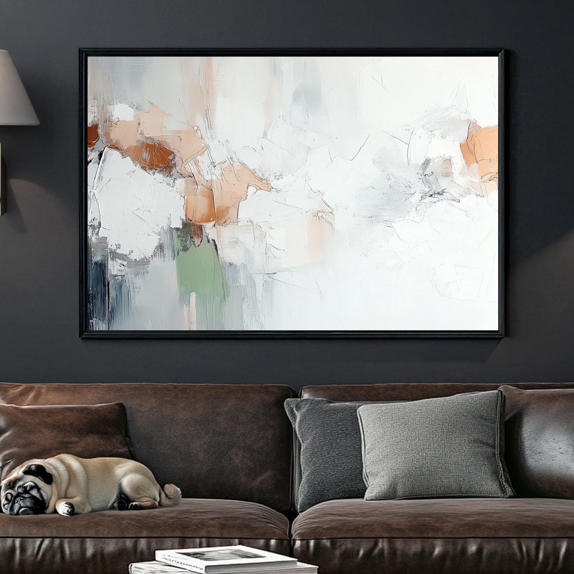 A serene abstract wall art print featuring soft ivory tones, warm beige, and muted green, with rich textures and expressive brushstrokes for a modern minimalist aesthetic.