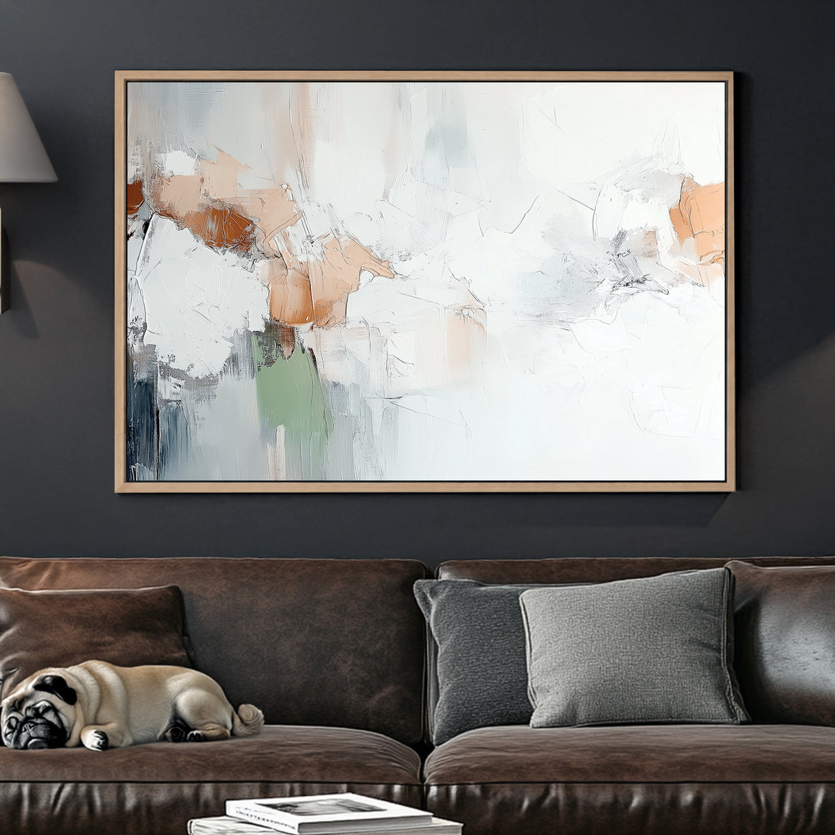 A serene abstract wall art print featuring soft ivory tones, warm beige, and muted green, with rich textures and expressive brushstrokes for a modern minimalist aesthetic.