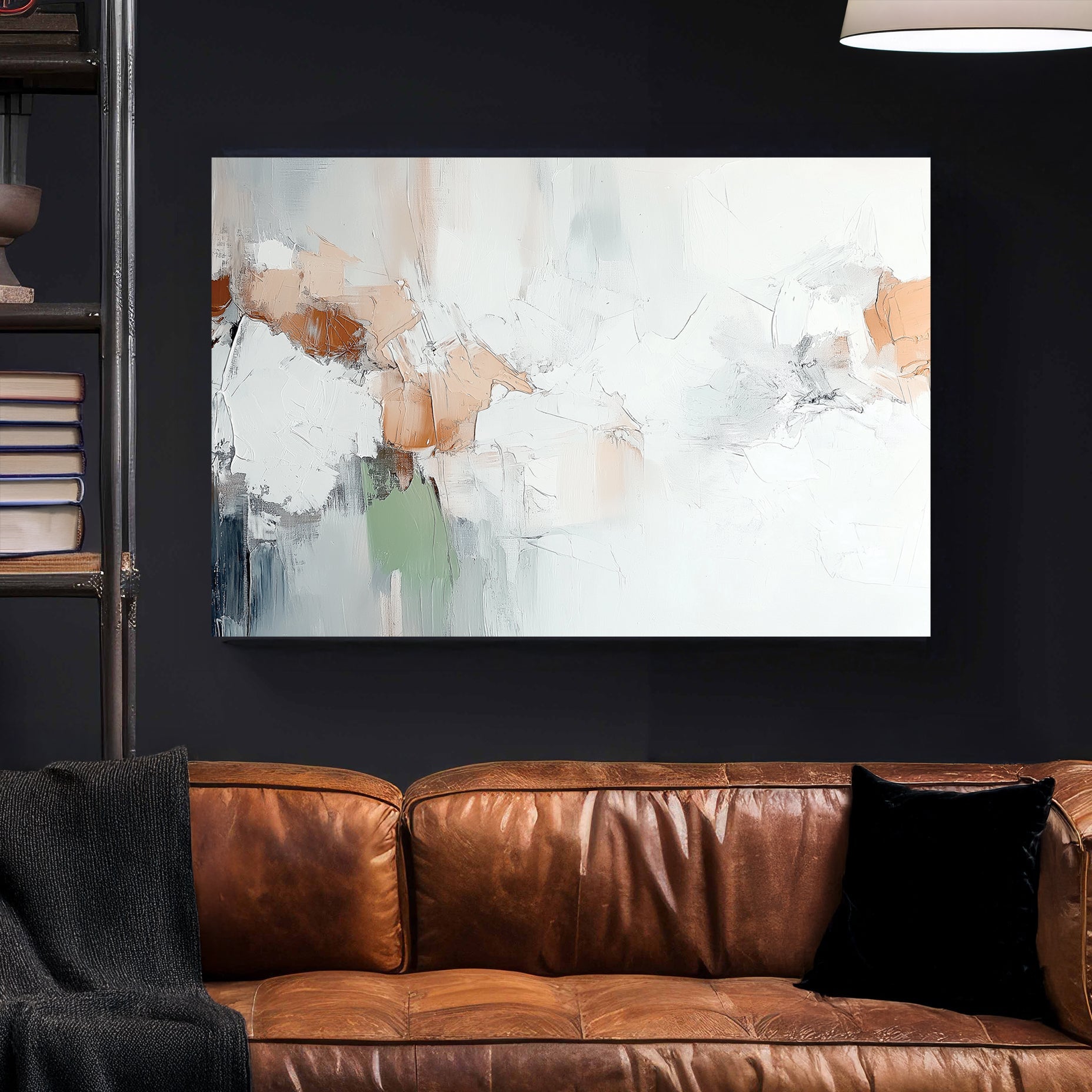 A serene abstract wall art print featuring soft ivory tones, warm beige, and muted green, with rich textures and expressive brushstrokes for a modern minimalist aesthetic.