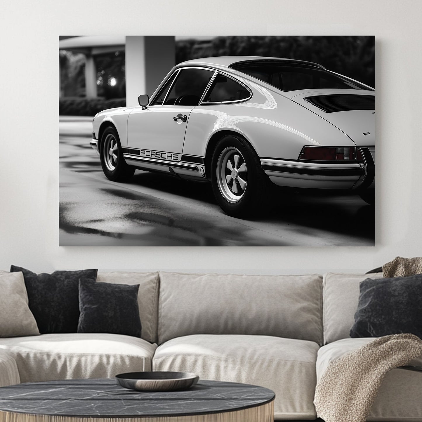 A sleek black-and-white digital wall art print of a classic Porsche, emphasizing its timeless curves and precision in a high-contrast setting.