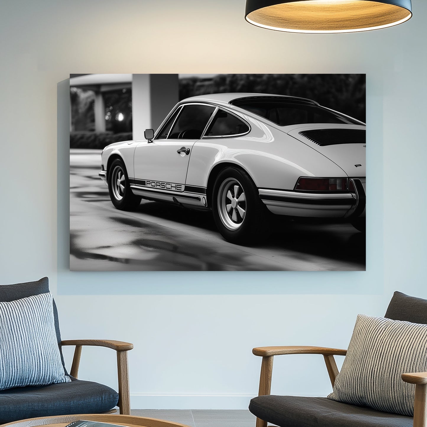 A sleek black-and-white digital wall art print of a classic Porsche, emphasizing its timeless curves and precision in a high-contrast setting.