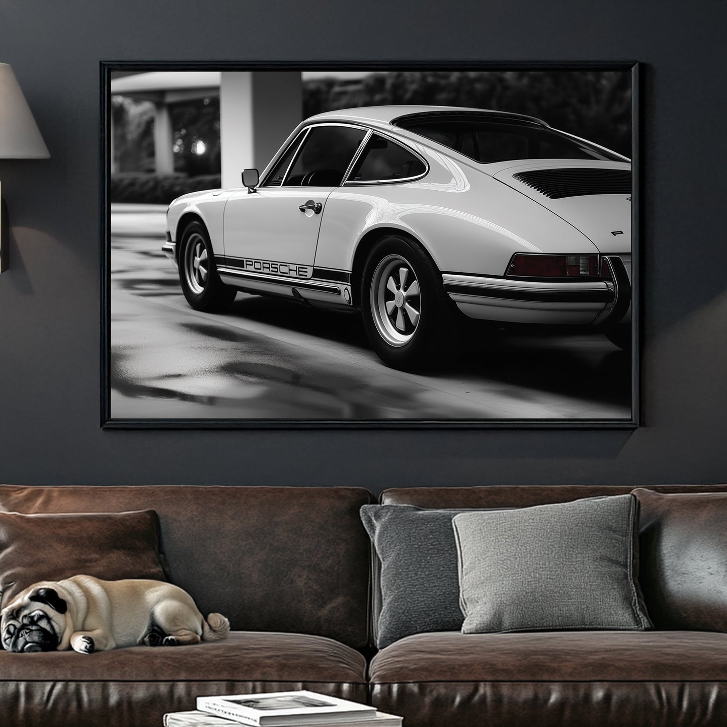 A sleek black-and-white digital wall art print of a classic Porsche, emphasizing its timeless curves and precision in a high-contrast setting.