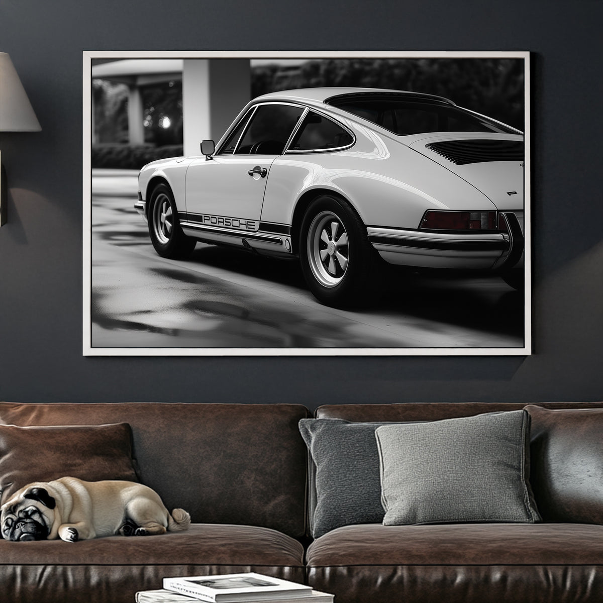 A sleek black-and-white digital wall art print of a classic Porsche, emphasizing its timeless curves and precision in a high-contrast setting.