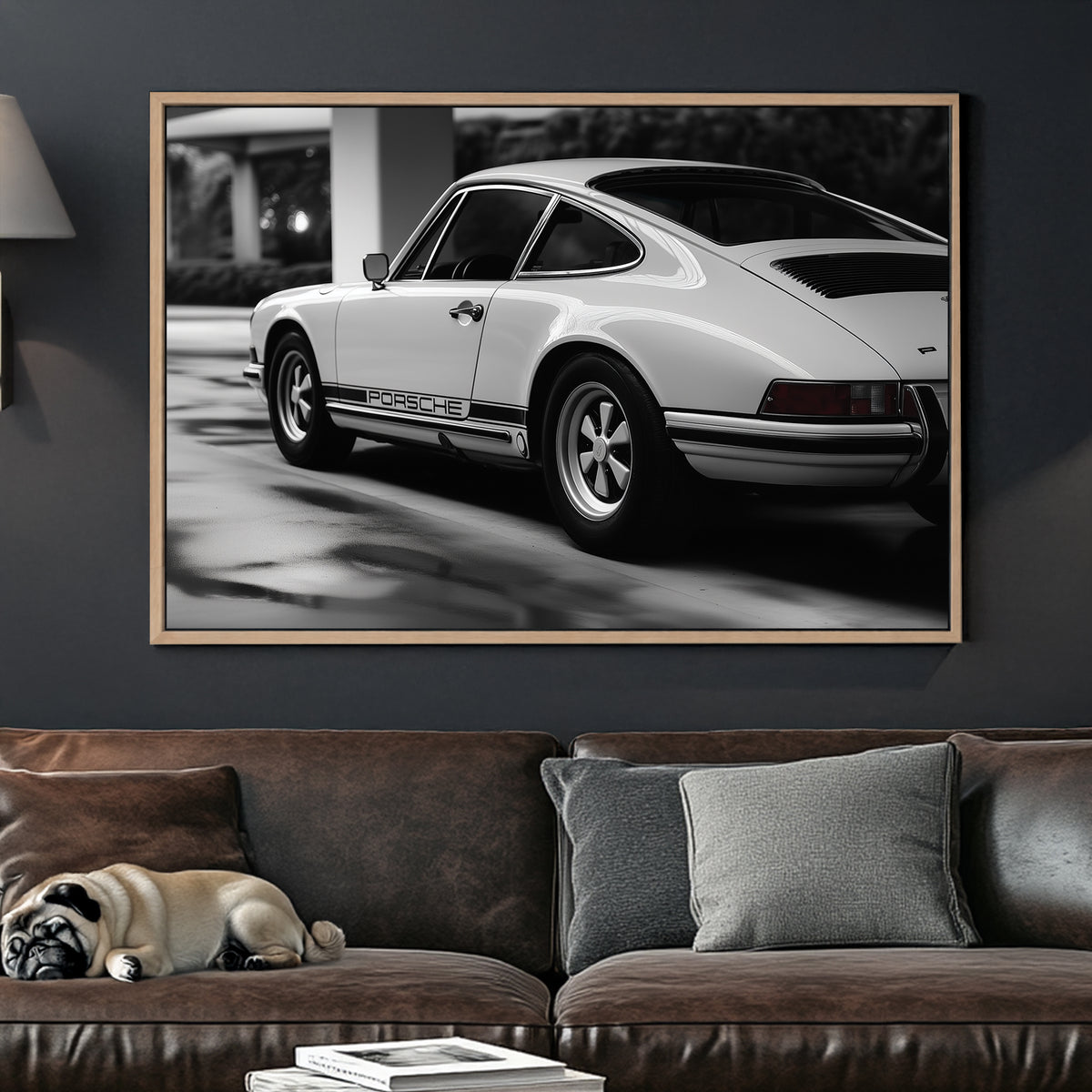 A sleek black-and-white digital wall art print of a classic Porsche, emphasizing its timeless curves and precision in a high-contrast setting.