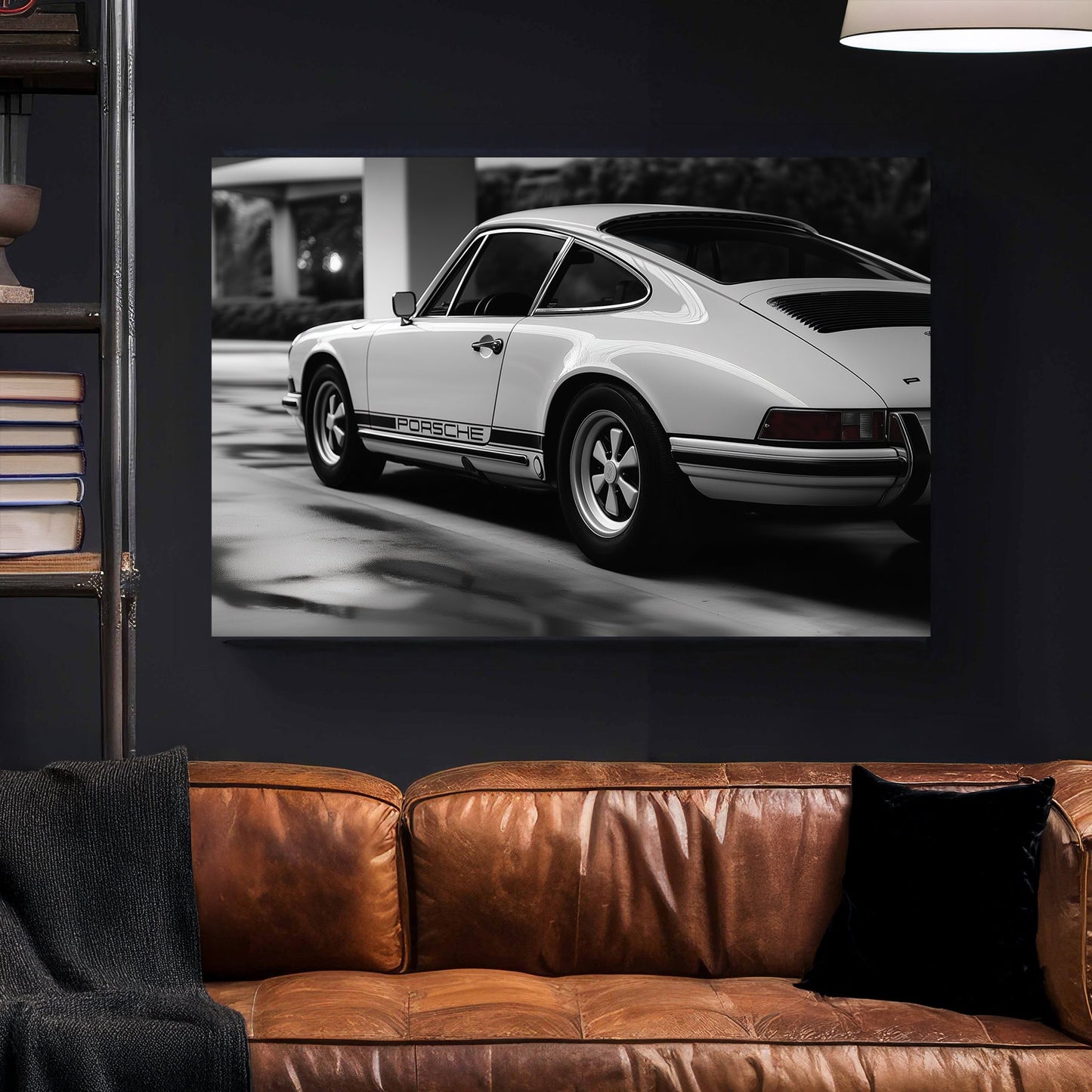 A sleek black-and-white digital wall art print of a classic Porsche, emphasizing its timeless curves and precision in a high-contrast setting.