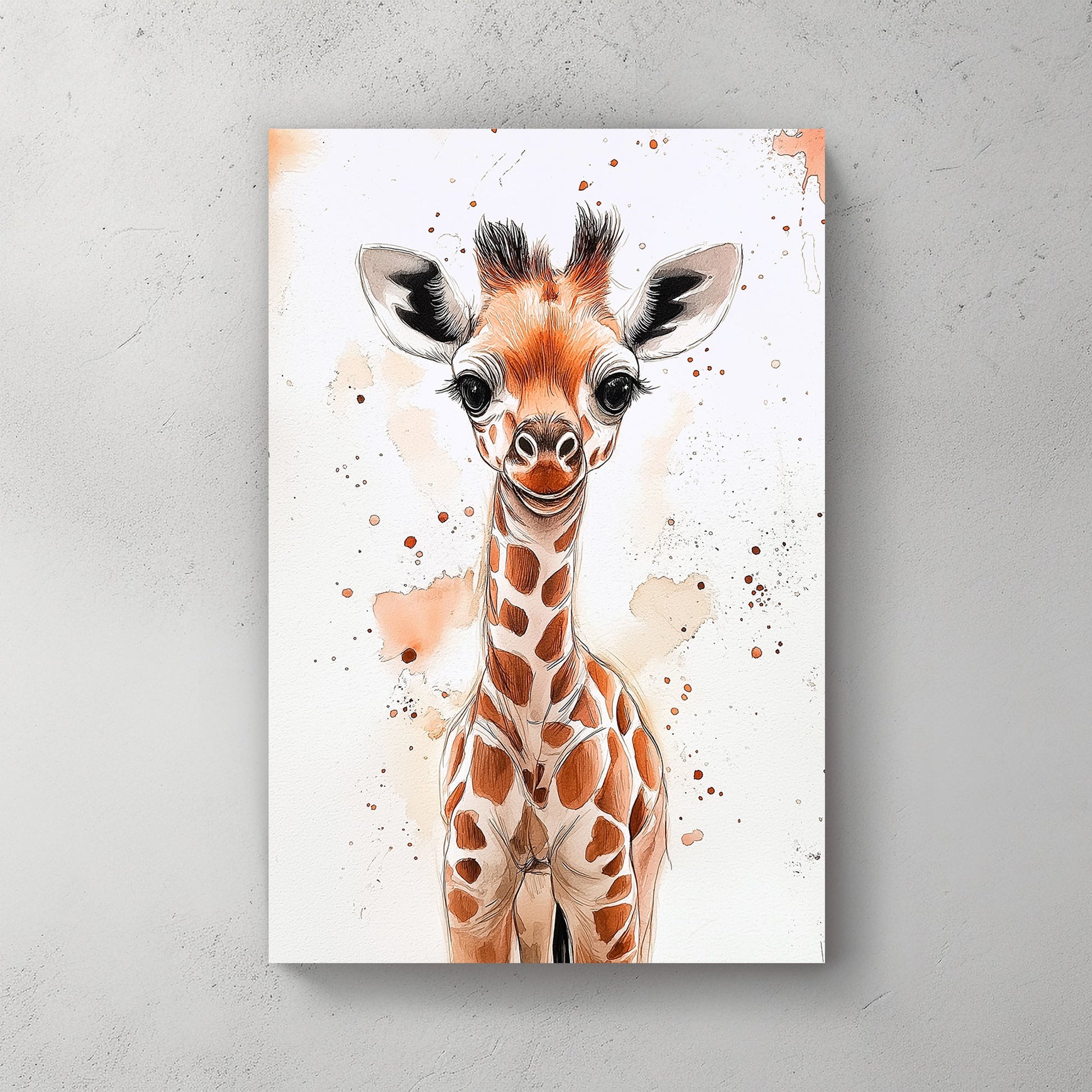 A charming watercolor and ink illustration of a baby giraffe with expressive eyes, soft brown tones, and playful paint splatters on a white background