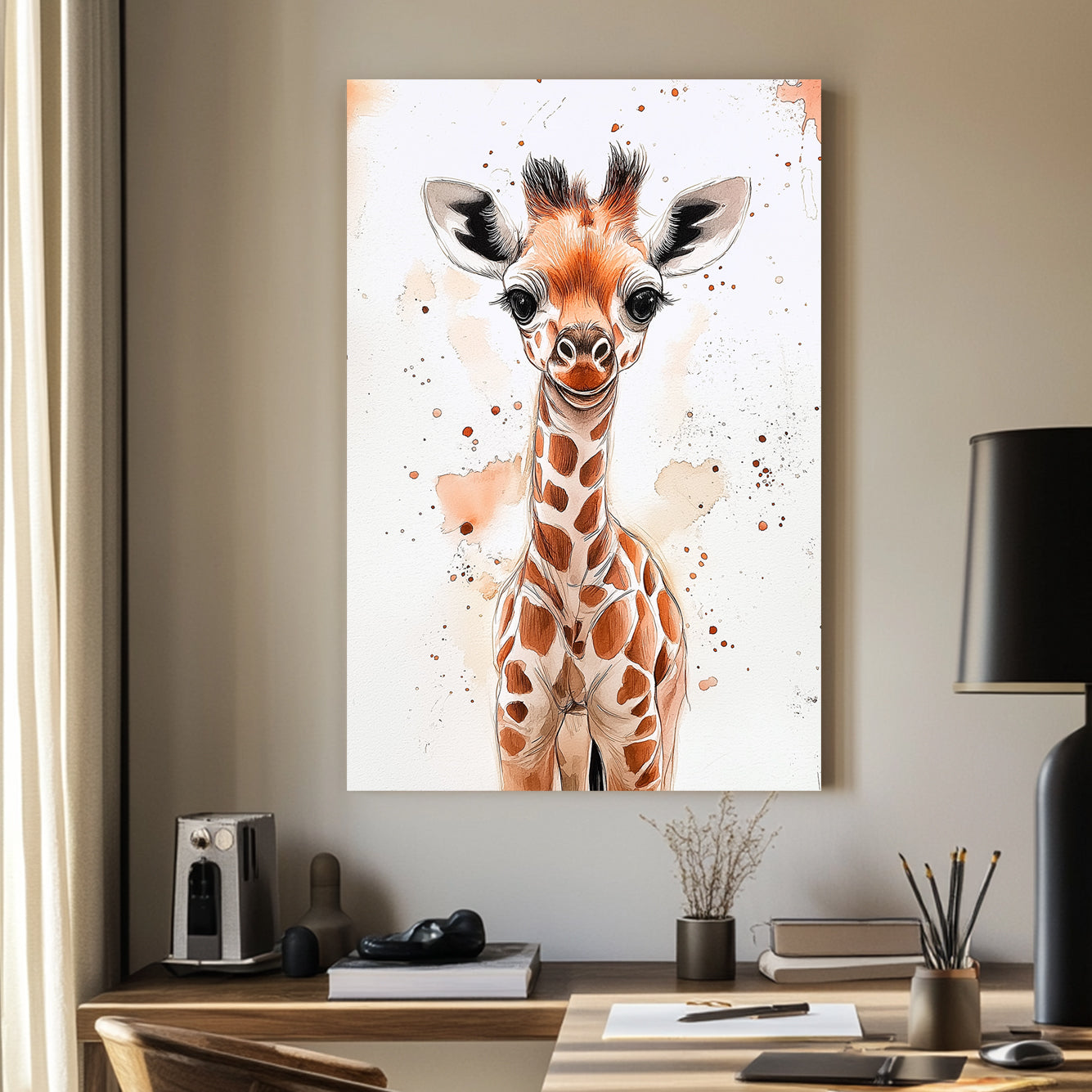 A charming watercolor and ink illustration of a baby giraffe with expressive eyes, soft brown tones, and playful paint splatters on a white background