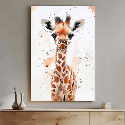 A charming watercolor and ink illustration of a baby giraffe with expressive eyes, soft brown tones, and playful paint splatters on a white background