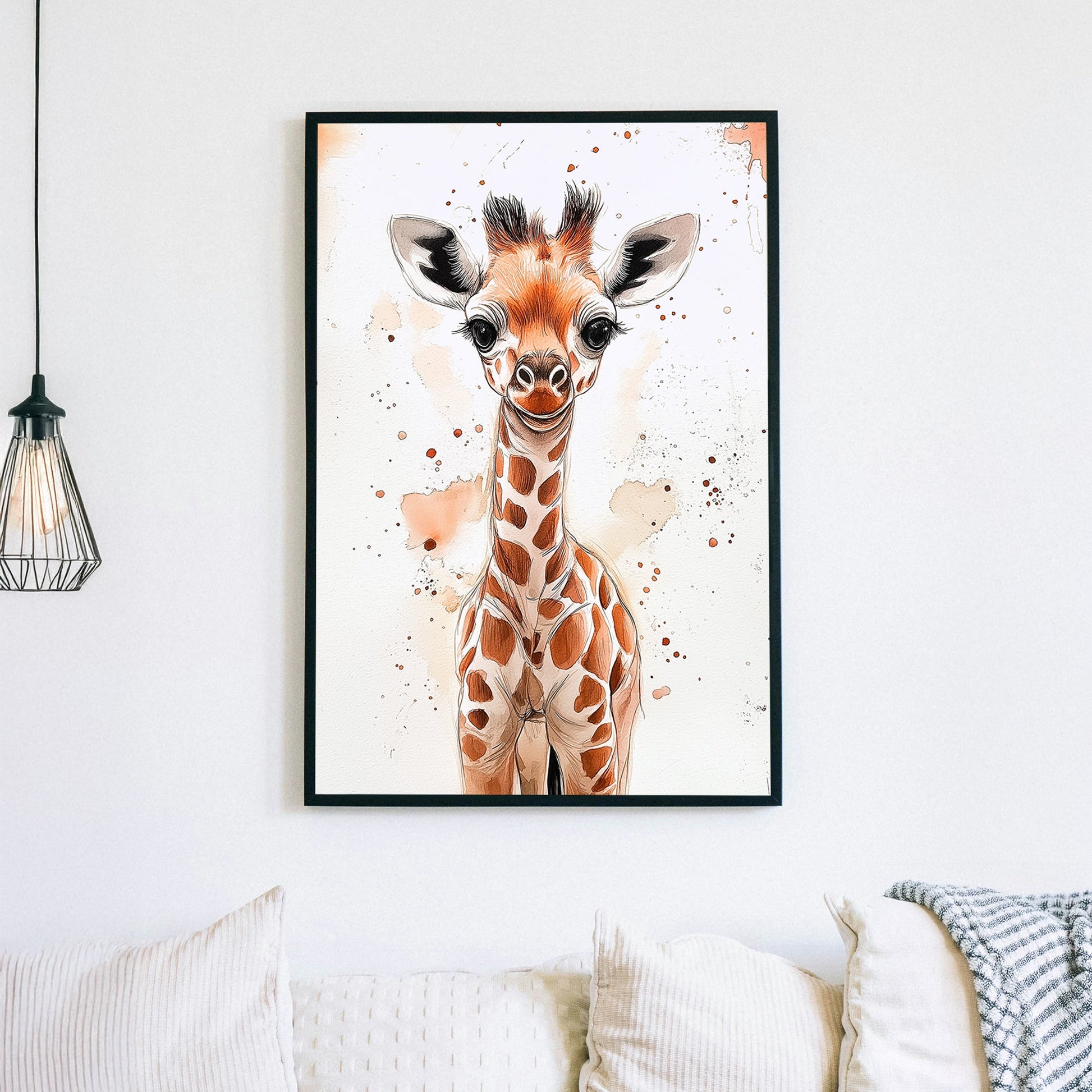 A charming watercolor and ink illustration of a baby giraffe with expressive eyes, soft brown tones, and playful paint splatters on a white background