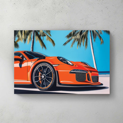 A vibrant pop art illustration of an orange supercar under palm trees, set against a tropical blue sky, capturing speed and luxury