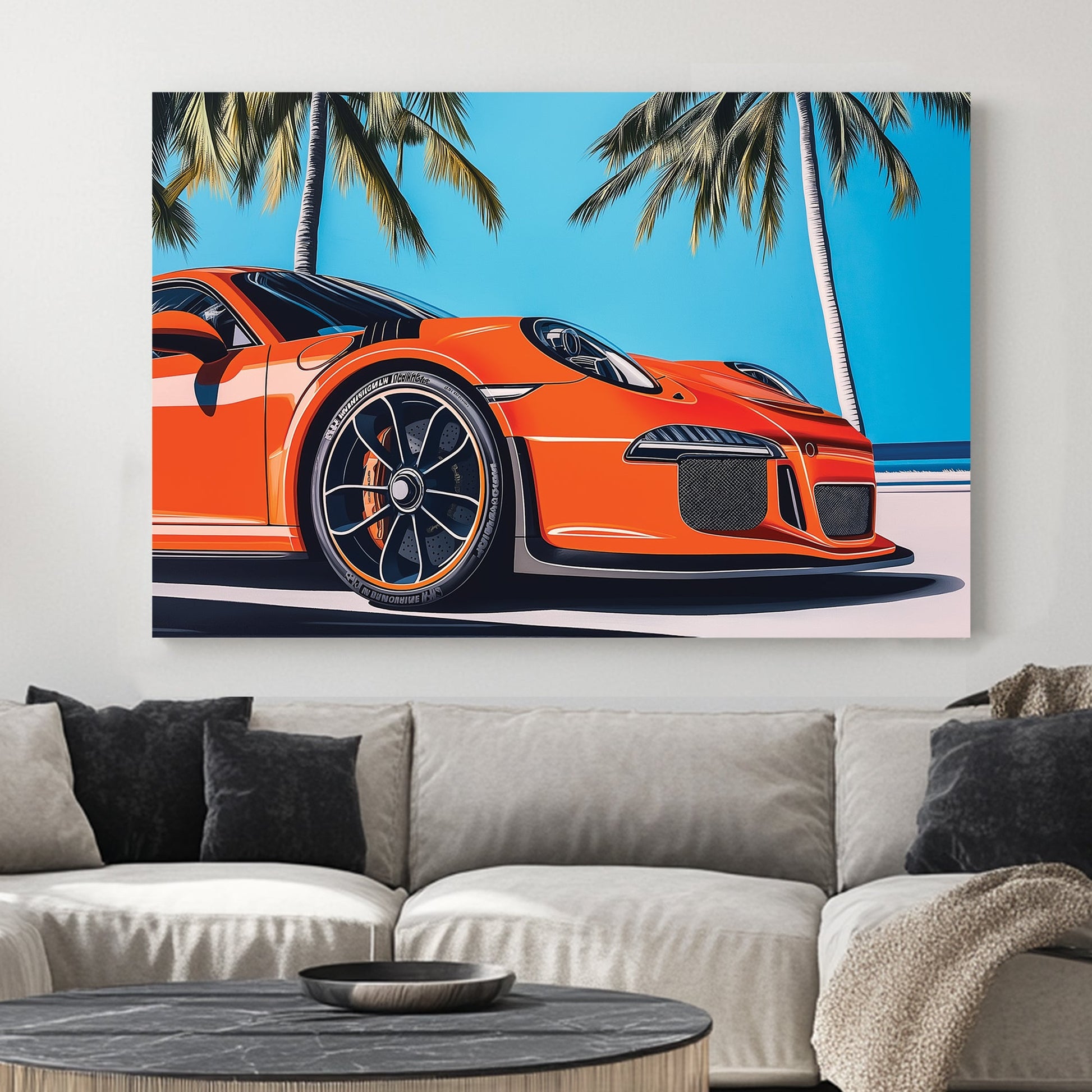 A vibrant pop art illustration of an orange supercar under palm trees, set against a tropical blue sky, capturing speed and luxury