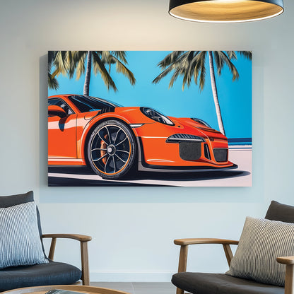 A vibrant pop art illustration of an orange supercar under palm trees, set against a tropical blue sky, capturing speed and luxury