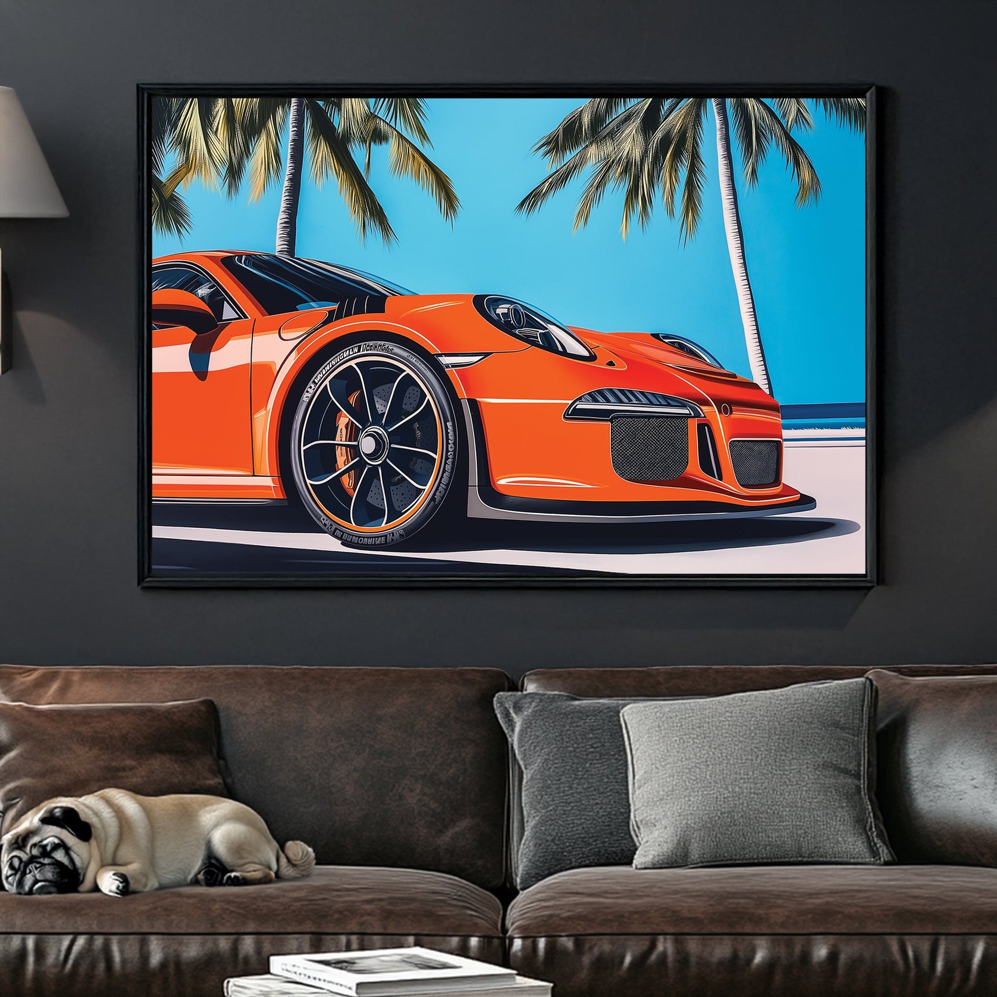 A vibrant pop art illustration of an orange supercar under palm trees, set against a tropical blue sky, capturing speed and luxury