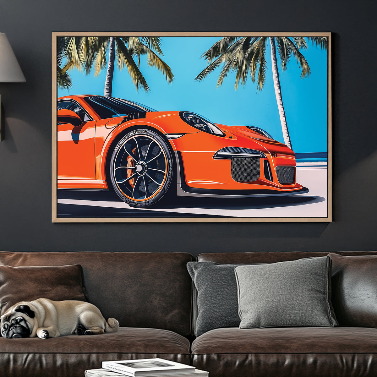 A vibrant pop art illustration of an orange supercar under palm trees, set against a tropical blue sky, capturing speed and luxury