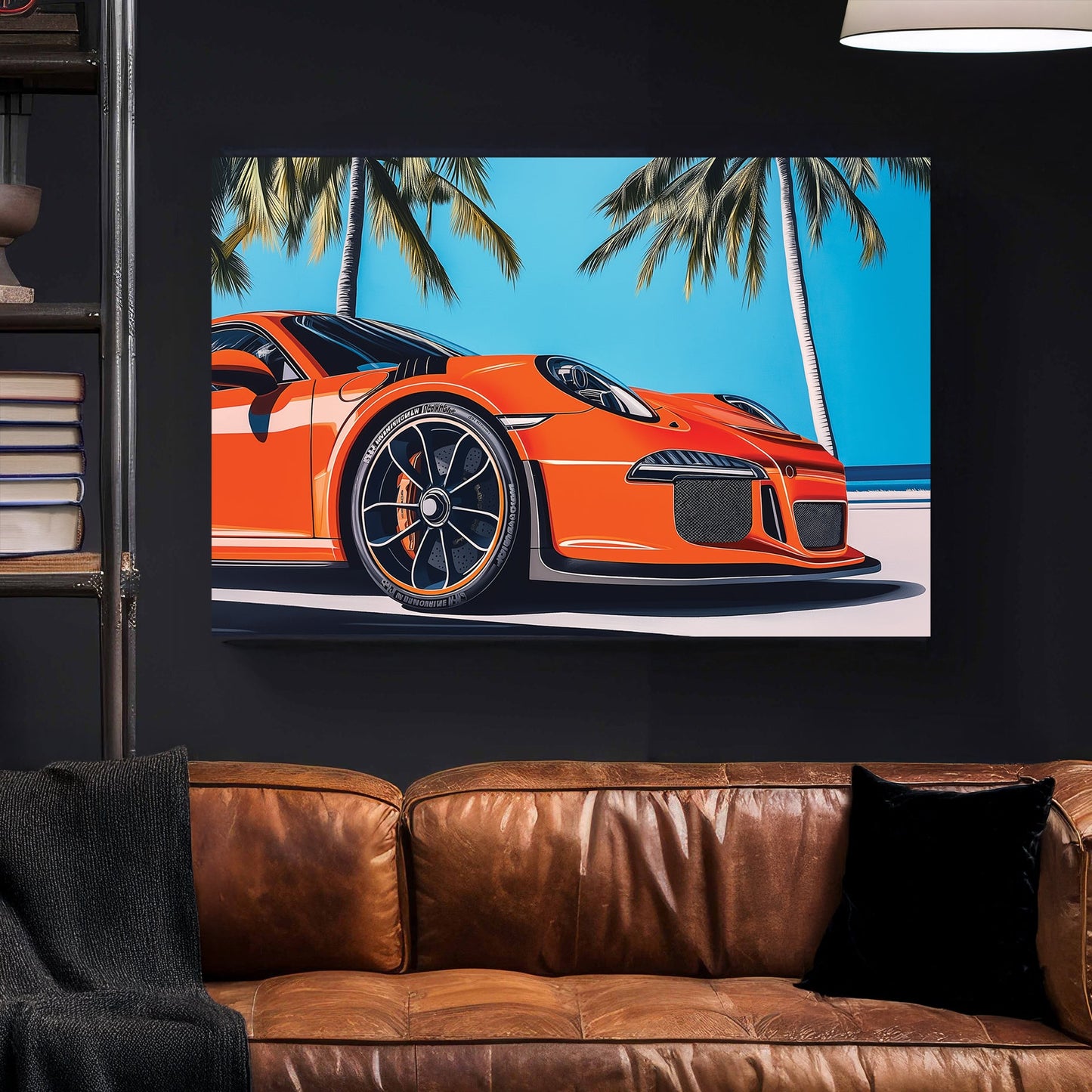 A vibrant pop art illustration of an orange supercar under palm trees, set against a tropical blue sky, capturing speed and luxury