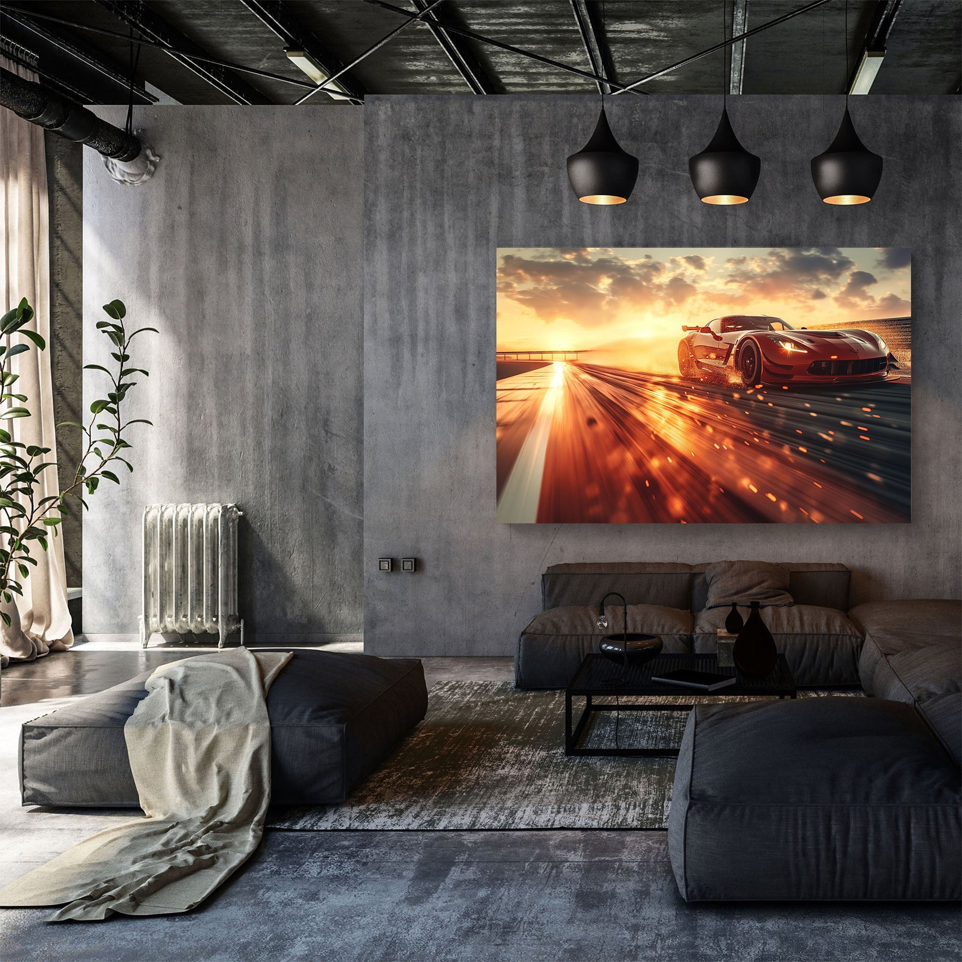 A hyper-realistic wall art print of a blazing red Chevrolet Corvette racing under a glowing sunset, leaving sparks and motion trails on a sleek track.