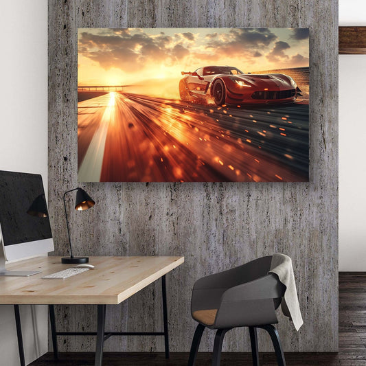 A hyper-realistic wall art print of a blazing red Chevrolet Corvette racing under a glowing sunset, leaving sparks and motion trails on a sleek track.