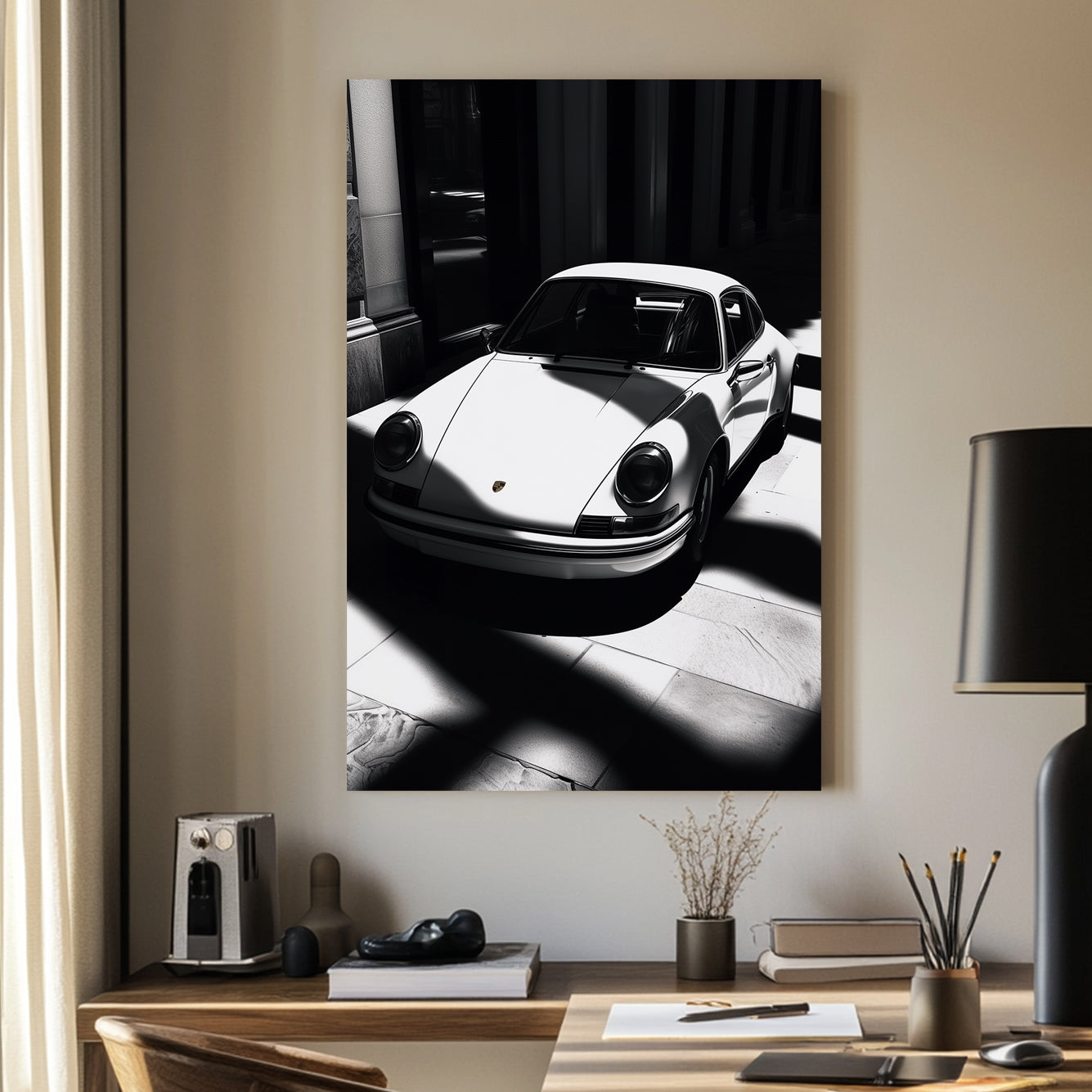 A striking black and white digital wall art print of a classic Porsche 911, captured in dramatic light and shadow, emphasizing its sleek design