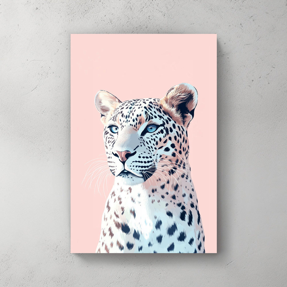 A modern pastel digital illustration of a snow leopard with icy blue eyes against a soft pink background, blending elegance with contemporary art.
