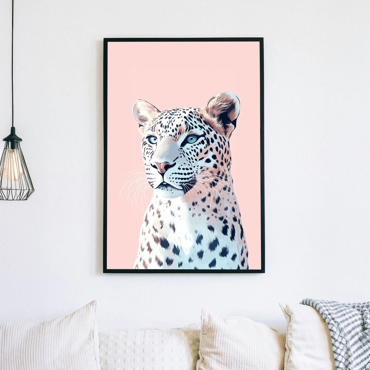 A modern pastel digital illustration of a snow leopard with icy blue eyes against a soft pink background, blending elegance with contemporary art.