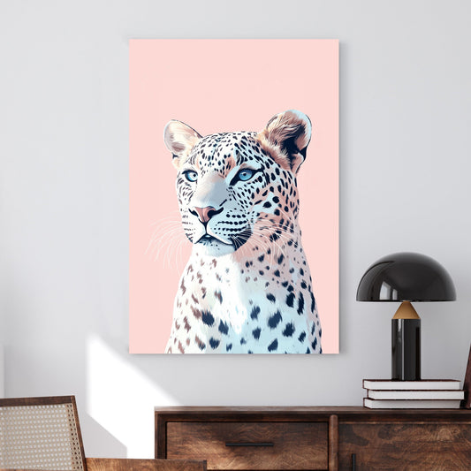 A modern pastel digital illustration of a snow leopard with icy blue eyes against a soft pink background, blending elegance with contemporary art.