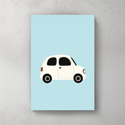 A minimalist wall art print of a small white car on a soft blue background, perfect for nursery or kids room