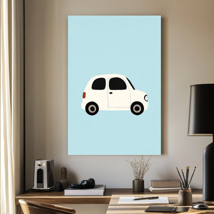 A minimalist wall art print of a small white car on a soft blue background, perfect for nursery or kids room