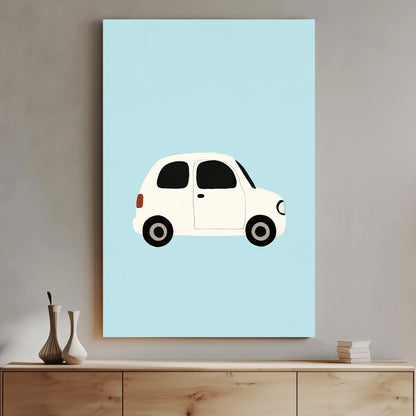 A minimalist wall art print of a small white car on a soft blue background, perfect for nursery or kids room