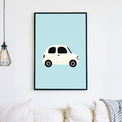 A minimalist wall art print of a small white car on a soft blue background, perfect for nursery or kids room