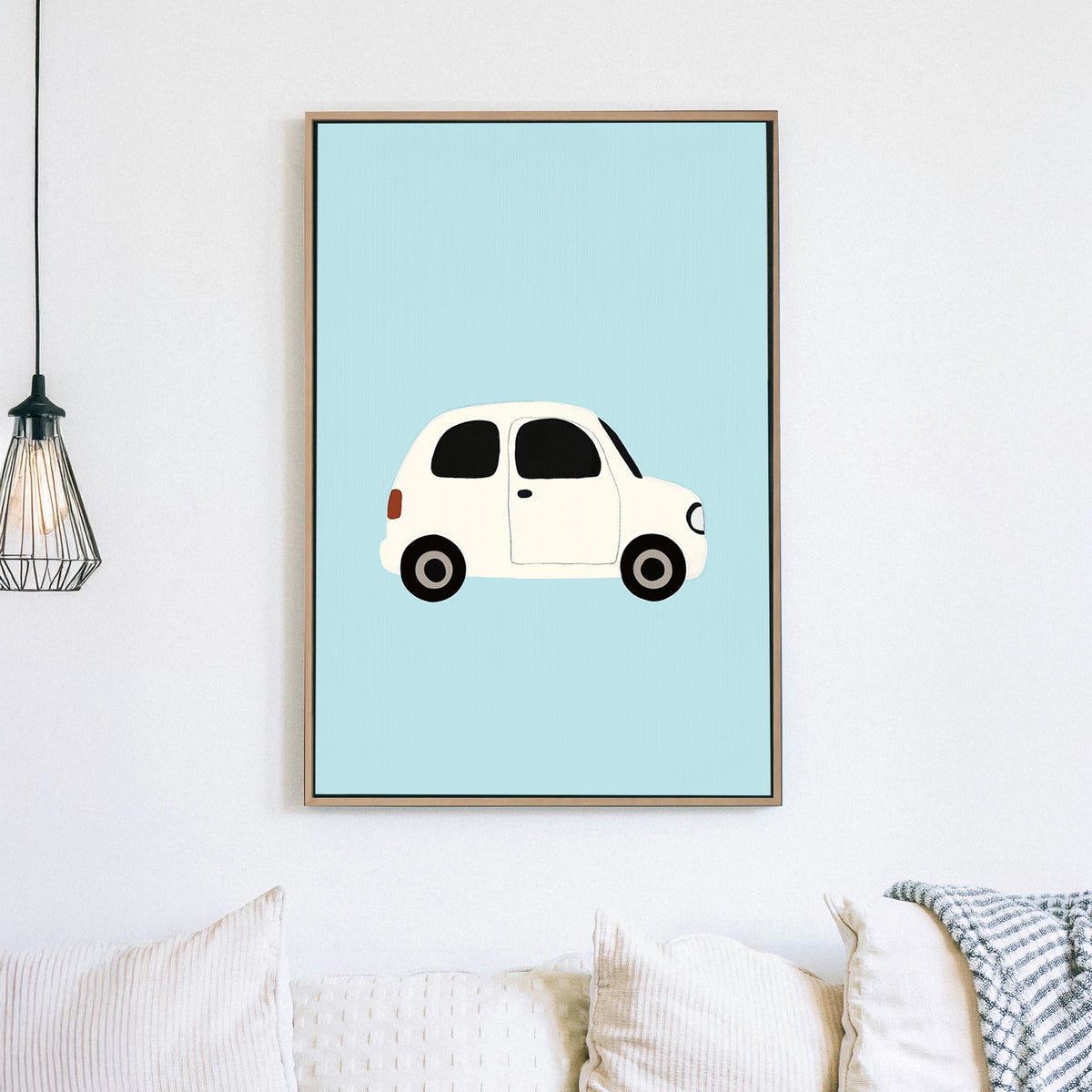 A minimalist wall art print of a small white car on a soft blue background, perfect for nursery or kids room