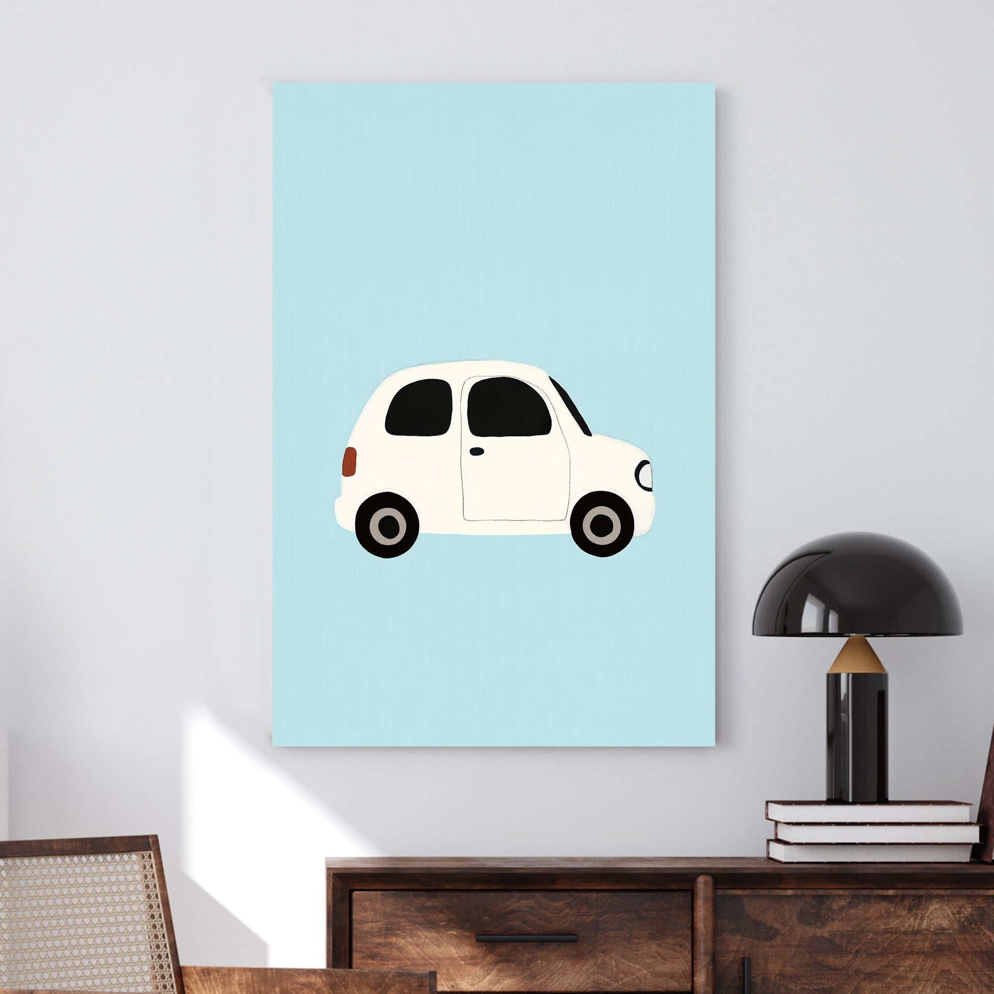 A minimalist wall art print of a small white car on a soft blue background, perfect for nursery or kids room