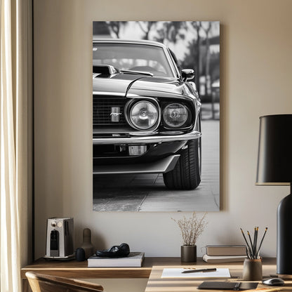 A striking black and white close-up of a classic Ford Mustang front grille and headlights, emphasizing vintage muscle car elegance and power.