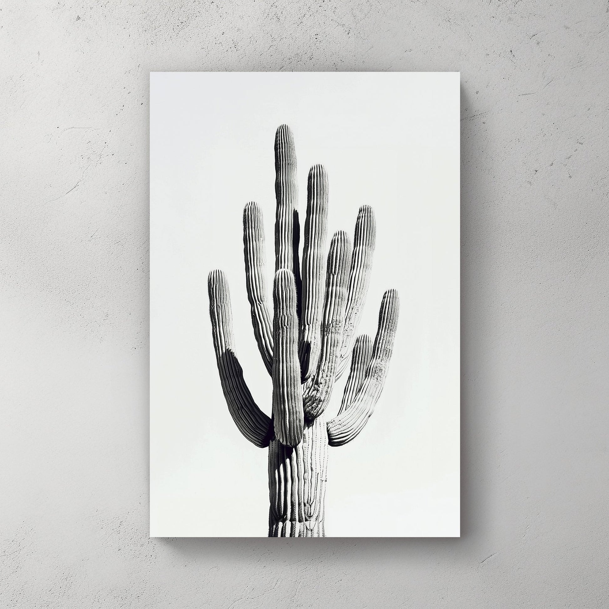 A black and white minimalistic wall art print of a towering saguaro cactus, highlighting its texture and natural elegance against a clean backdrop