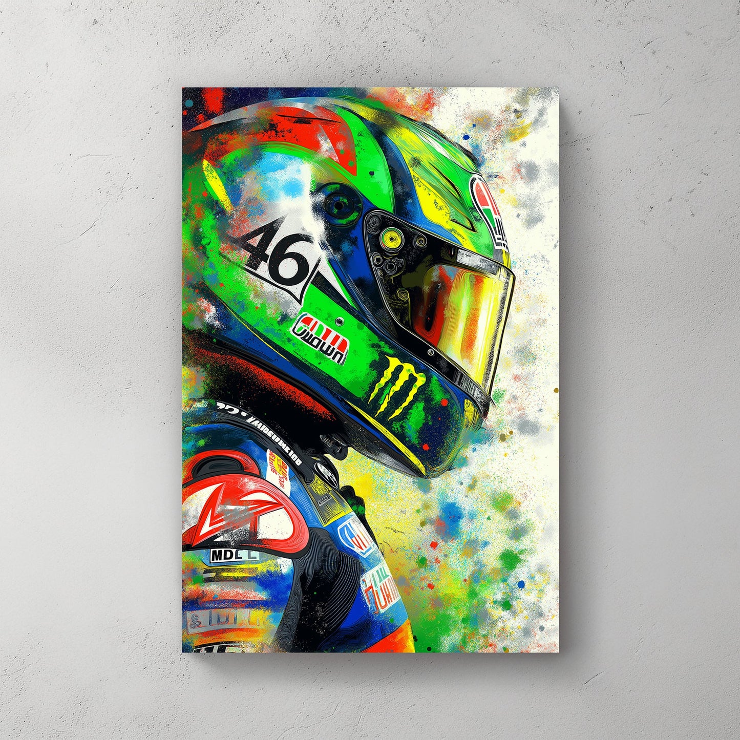 A high-energy graffiti-style wall art print featuring a detailed racing helmet surrounded by an explosion of bold, vibrant colours, embodying speed and adrenaline.