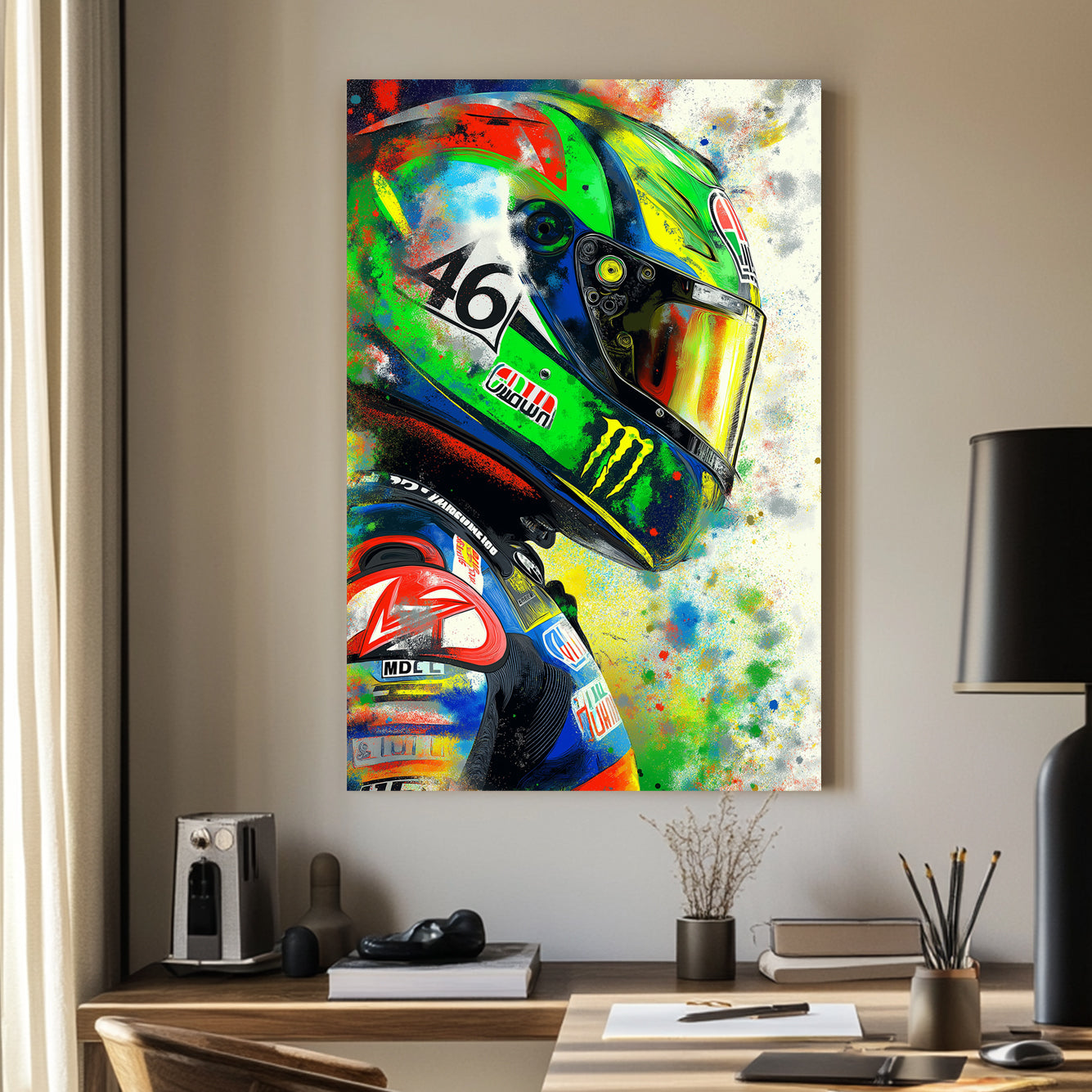 A high-energy graffiti-style wall art print featuring a detailed racing helmet surrounded by an explosion of bold, vibrant colours, embodying speed and adrenaline.