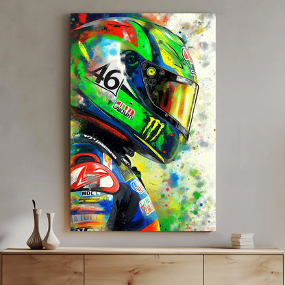 A high-energy graffiti-style wall art print featuring a detailed racing helmet surrounded by an explosion of bold, vibrant colours, embodying speed and adrenaline.